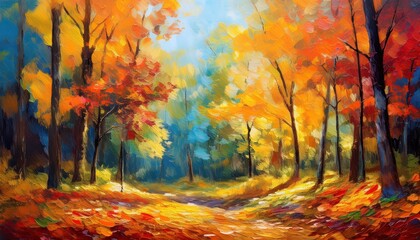Vibrant Autumn Forest Landscape A Colorful Canvas of Crimson Leaves and Golden Hues, Capturing the Essence of Natures Transition in a Rich Oil Painting.