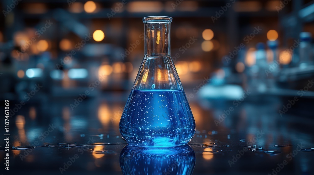 Poster blue liquid in erlenmeyer flask on lab bench. (1)