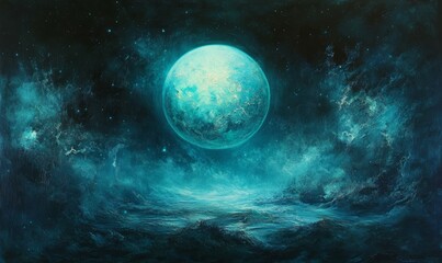 Fototapeta premium Celestial sphere with soft blue glow, amidst dark cosmos , vastness, celestial, space