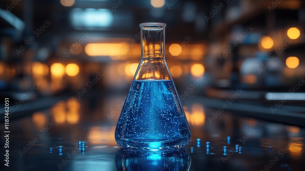 Poster blue liquid in erlenmeyer flask on lab bench.