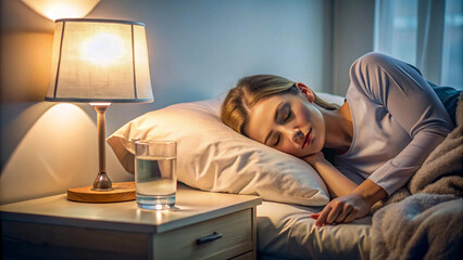 Peaceful Woman Sleeping in Cozy Bedroom with Bedside Lamp Illuminating the Night