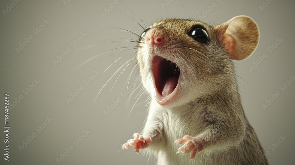 Poster a close-up shot of a mouse with its mouth open, ideal for illustrations and designs related to roden