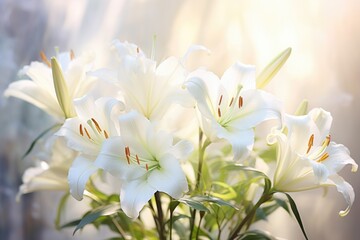 Fototapeta premium Beauty in Bloom: Closeup of Beautiful White Lilies on Blurred Light Background in Bouquet