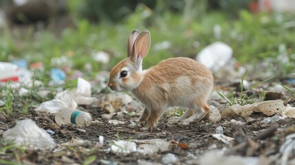Fototapeta premium A rabbit running through a garbage dump looking for food. Scared rabbit in an outdoor garbage dump.