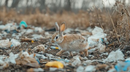 Fototapeta premium A rabbit running through a garbage dump looking for food. Scared rabbit in an outdoor garbage dump.