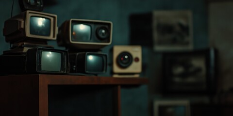 Obraz premium A collection of vintage televisions arranged artistically in a retro room, representing nostalgia, history, and the evolution of technology in modern art.