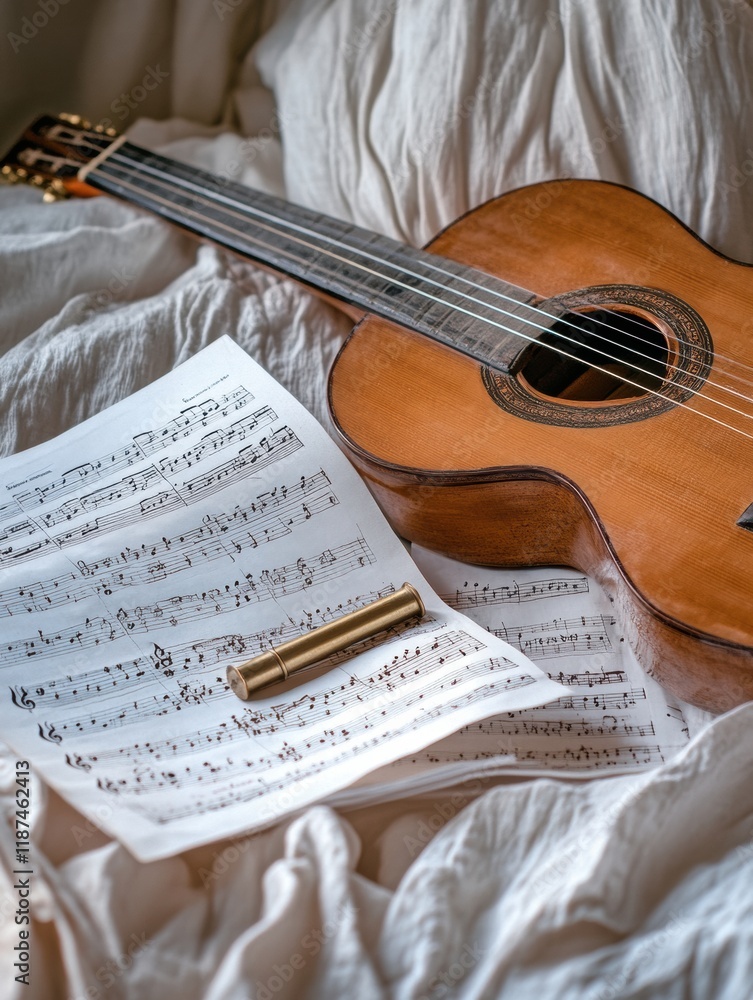 Poster acoustic guitar rests on soft fabric with scattered sheet music and a tuning fork nearby during a qu