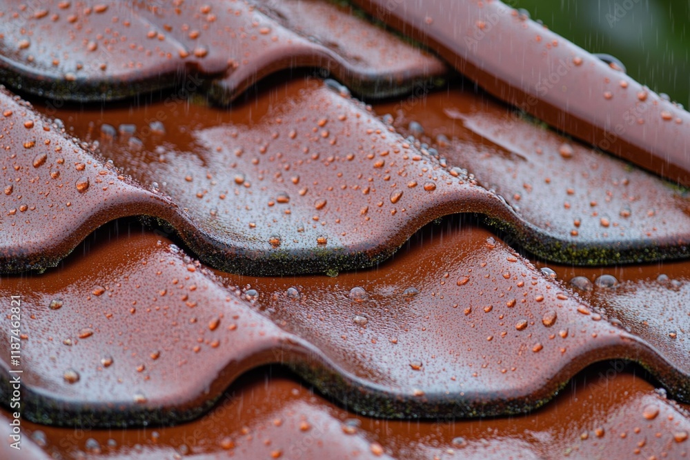 Poster a close-up view of a roof covered in raindrops, ideal for weather or architecture-themed projects