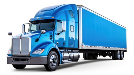 Blue Semi Trailer Hauler Truck Transporting Frozen Cargo on Straight Road. Freight Transportation and Trucking with Reefer Semi-Truck and Skirt Spoiler