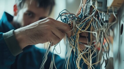 A person repairing electrical cables in a room