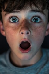 Close-up shot of a young child showing surprise and amazement, suitable for use in family or educational settings