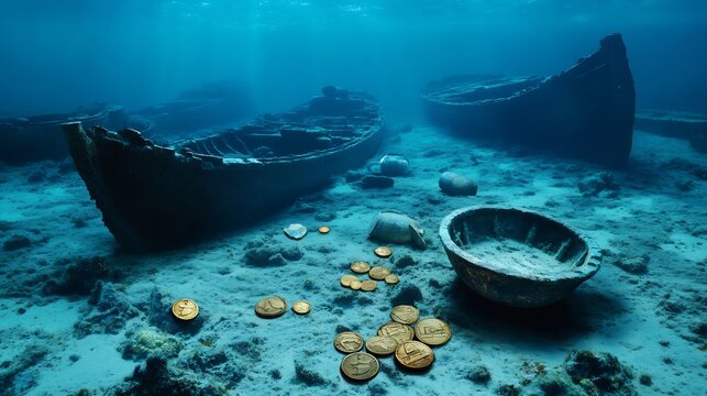 Underwater archaeology featuring shipwrecked vessels coins amphorae scattered on the seabed preserving relics of ancient maritime trade in a stunning aquatic setting