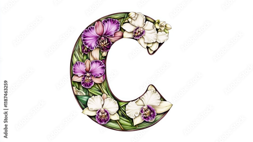 Poster a decorative letter c adorned with purple and white flowers, ideal for use in stationery or as a des