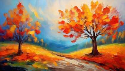 Vibrant Autumn Tree in an Abstract Landscape Painting Colorful Leaves Illuminated by Soft Light, Embracing the Mood of a Breathtaking Autumn Day