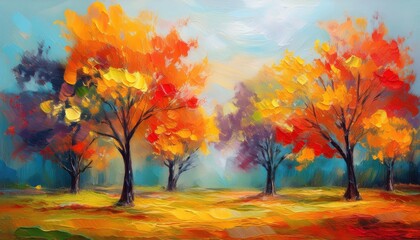 Colorful Autumn Trees in an Abstract Landscape A Vibrant Kaleidoscope of Fall Colors in an Impressionistic Manner, Embracing the Spirit of the Season.