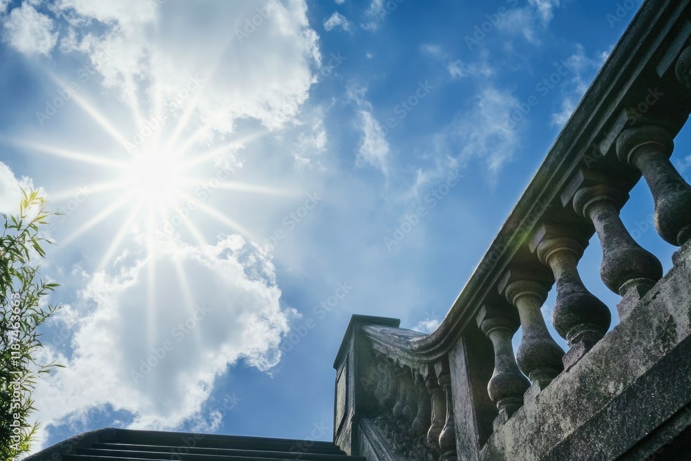Poster clouds and sunlight on a stone staircase, ideal for use in architecture or nature scenes