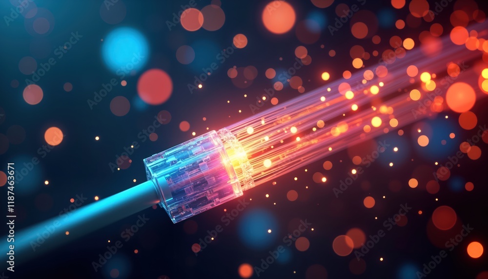 Poster fiber optic cable bundle glows with vibrant light. colorful light streams radiate outwards from comp
