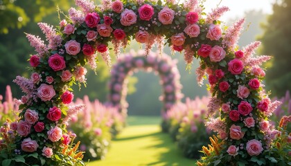 Fototapeta premium Floral arch of roses and wisteria in morning garden expo
