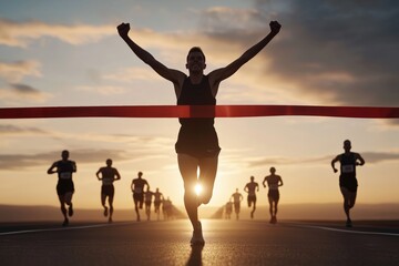 Runner crossing the finish line at sunset with a group of competitors in the background. achievement and competition