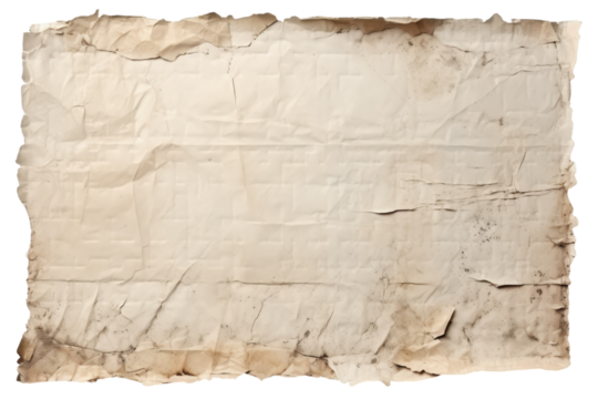 Wrinkled vintage paper with textured surface and aged appearance lying flat on a white background