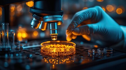 Working in micro labs to analyze human health in a hospital glare of orange light