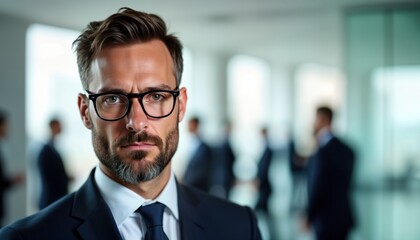 Obraz premium Serious businessman in suit, glasses. Focused look. Office environment. Successful leader. Pro portrait. Confident executive. Corporate setting. Caucasian male. Expert. Company owner. Close-up. Smart