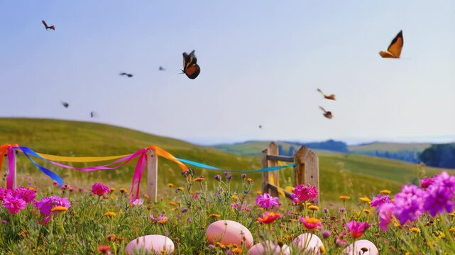 Springtime scene features a blooming meadow with Easter eggs, fluttering butterflies, and decorative ribbons