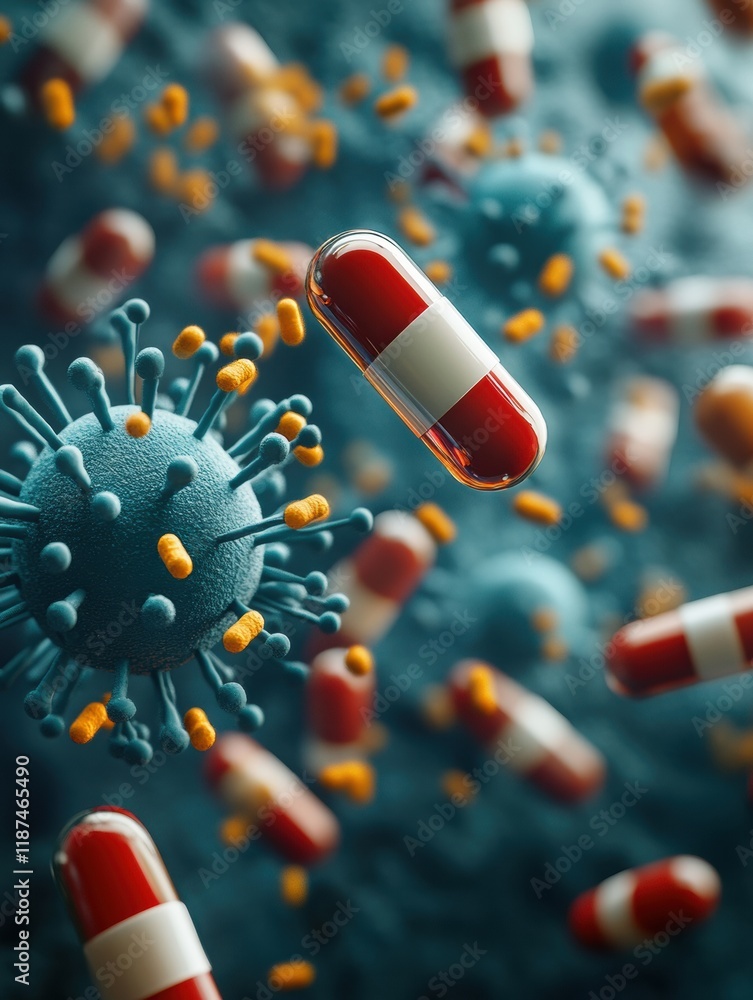 Aufkleber Pills surrounding bacteria symbolizing advancements in medicine and healthcare solutions in a dynamic setting. Generative AI