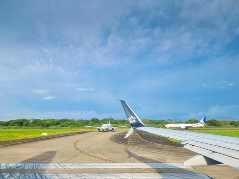Panama, Tocumen Airport, December 21, 2024, planes on the runway,  waiting take off