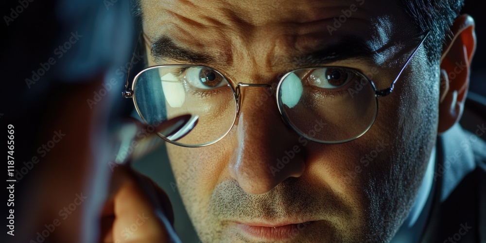Poster close-up of a person using a magnifying glass to examine something, could be used for science or det
