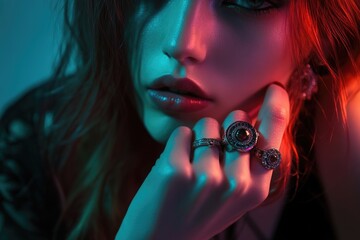 A woman wearing an engagement ring, perfect for wedding or proposal themes