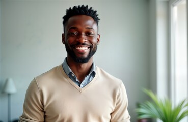 Obraz premium Smiling young black man looks at camera in home office. Happy, confident person. Close-up portrait inside modern home. Successful, confident, stylish, pro appearance. Indoor setting. Casual office