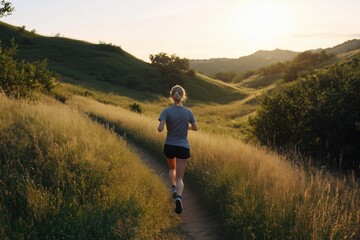 Woman jogging through scenic grassy trail at sunset. Fitness and outdoor lifestyle concepts