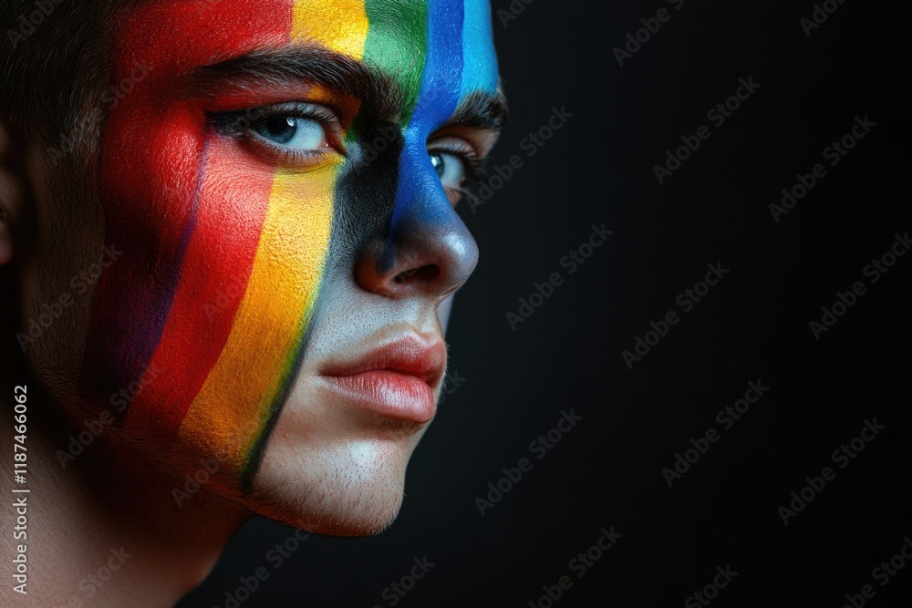 Poster a person with a colorful rainbow painted on their face, suitable for events or artistic expressions