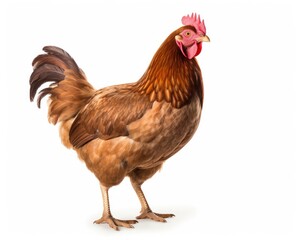 Fototapeta premium Brown Chicken Hen Standing Full Body Isolated on White Background, Perfect for Farm Animal and Poultry Related Concepts