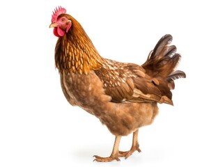 Fototapeta premium Brown Hen Standing Isolated on White Background. Full body shot of Domestic Farm Animal Chickens, Fowl & Roosters
