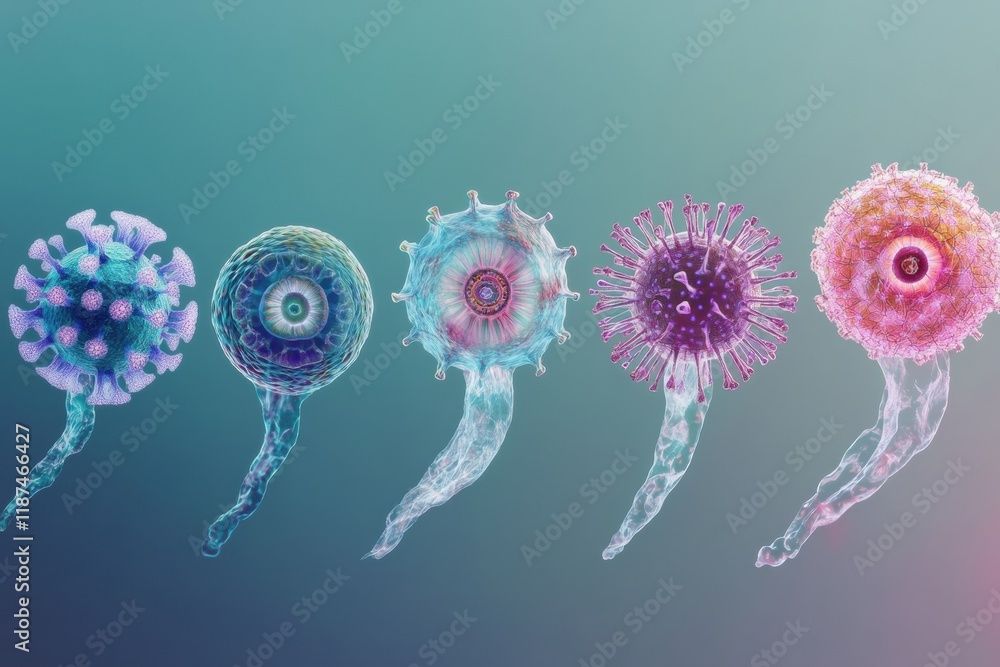 Poster progression of virus forms depicting various complexities and structures in a scientific representat