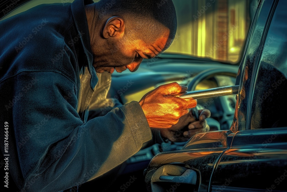 Poster a person sitting in a vehicle looks at their mobile device, possibly texting or browsing
