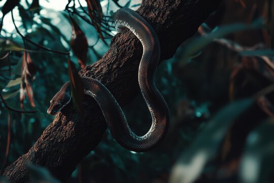 A serene image of an African python coiled around a tree branch