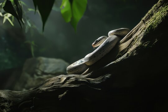 A serene image of an African python coiled around a tree branch