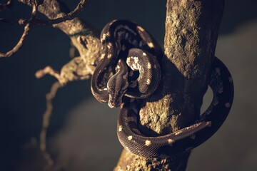 A serene image of an African python coiled around a tree branch