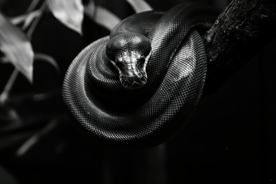 A serene image of an African python coiled around a tree branch