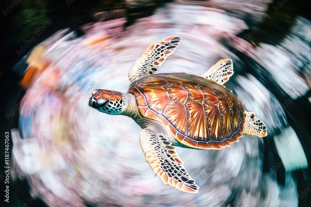 Poster A turtle swims in calm waters with a blurred background