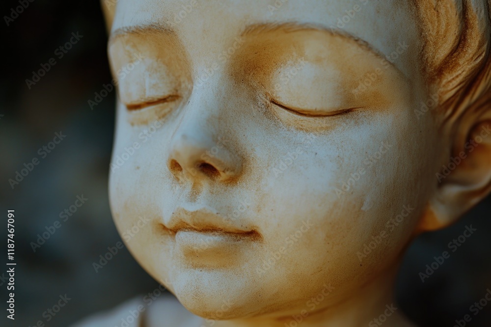 Poster a close-up shot of a child's face on a statue, suitable for use in various creative projects