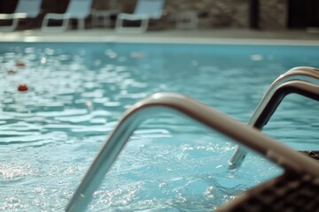 A swimming pool with a metal hand rail for safety and support