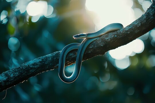 A serene image of an African python coiled around a tree branch