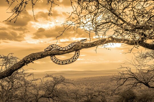 A serene image of an African python coiled around a tree branch