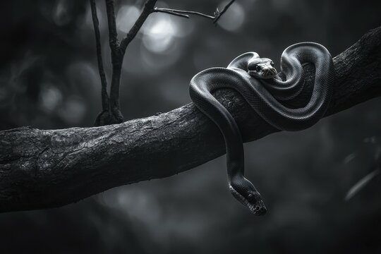 A serene image of an African python coiled around a tree branch