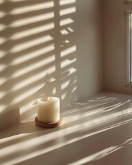 Lit candle on wooden coaster, sunlight through blinds casts shadows on wall.