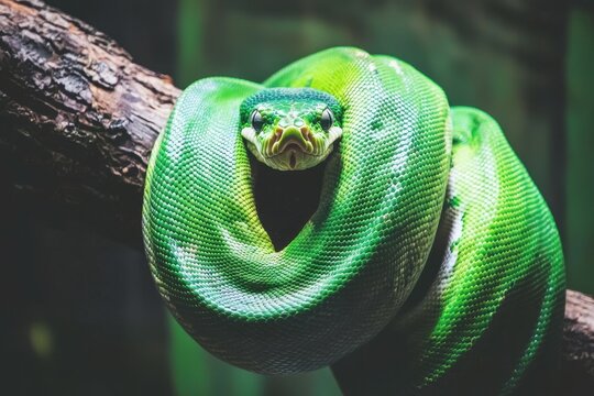 A serene image of an African python coiled around a tree branch